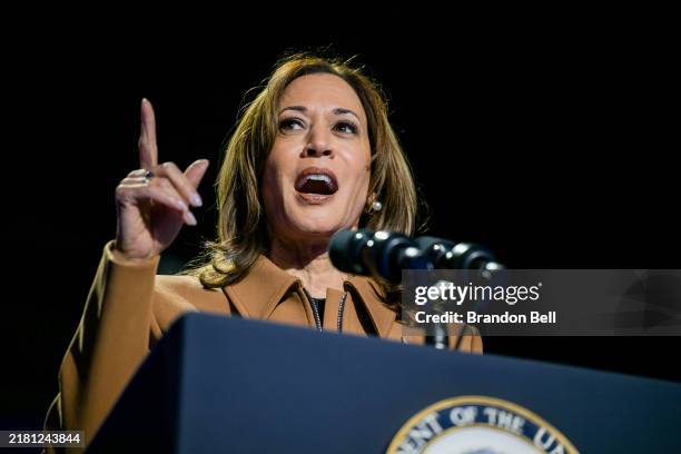Democratic presidential nominee, U.S. Vice President Kamala Harris, speaks during a campaign rally at the Wings Event Center on October 26, 2024 in...