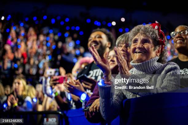 Attendees cheer upon the arrival or Democratic presidential nominee, U.S. Vice President Kamala Harris during a campaign rally at the Wings Event...