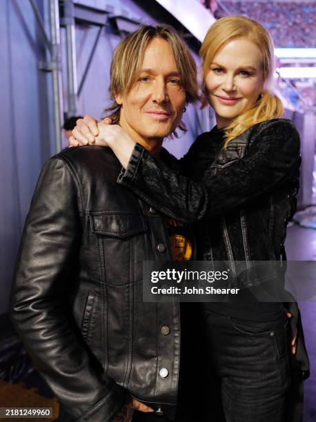 Keith Urban and Nicole Kidman are seen backstage at the Concert For Carolina Benefit Concert at Bank of America Stadium on October 26, 2024 in...