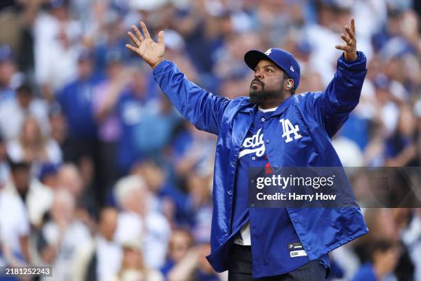 Rapper Ice Cube performs before the New York Yankees play the Los Angeles Dodgers during Game Two of the 2024 World Series at Dodger Stadium on...