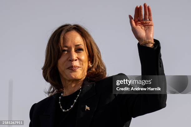 Democratic presidential nominee, U.S. Vice President Kamala Harris arrives at Harrisburg International Airport to attend a rally at the Pennsylvania...