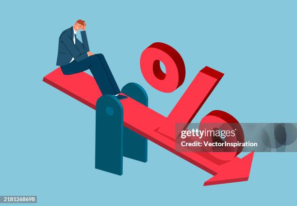 ilustrações de stock, clip art, desenhos animados e ícones de interest rates are falling, interest rates are decreasing, the ratio of earnings to investment expenses is decreasing, and the troubled businessman is sitting on a see-saw of percentage signs - taxa de câmbio