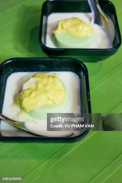 pandan tofu pudding with durian paste and coconut milk - bolo de coco imagens e fotografias de stock
