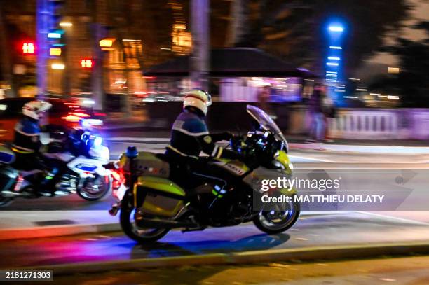 Police bikers, on their motorcycles, set off on a police intervention during a road safety awareness operation for cyclists and scooter users on...