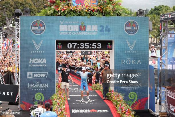 Patrick Lange of Germany celebrates after winning the VinFast IRONMAN World Championship on October 26, 2024 in Kailua Kona, Hawaii.