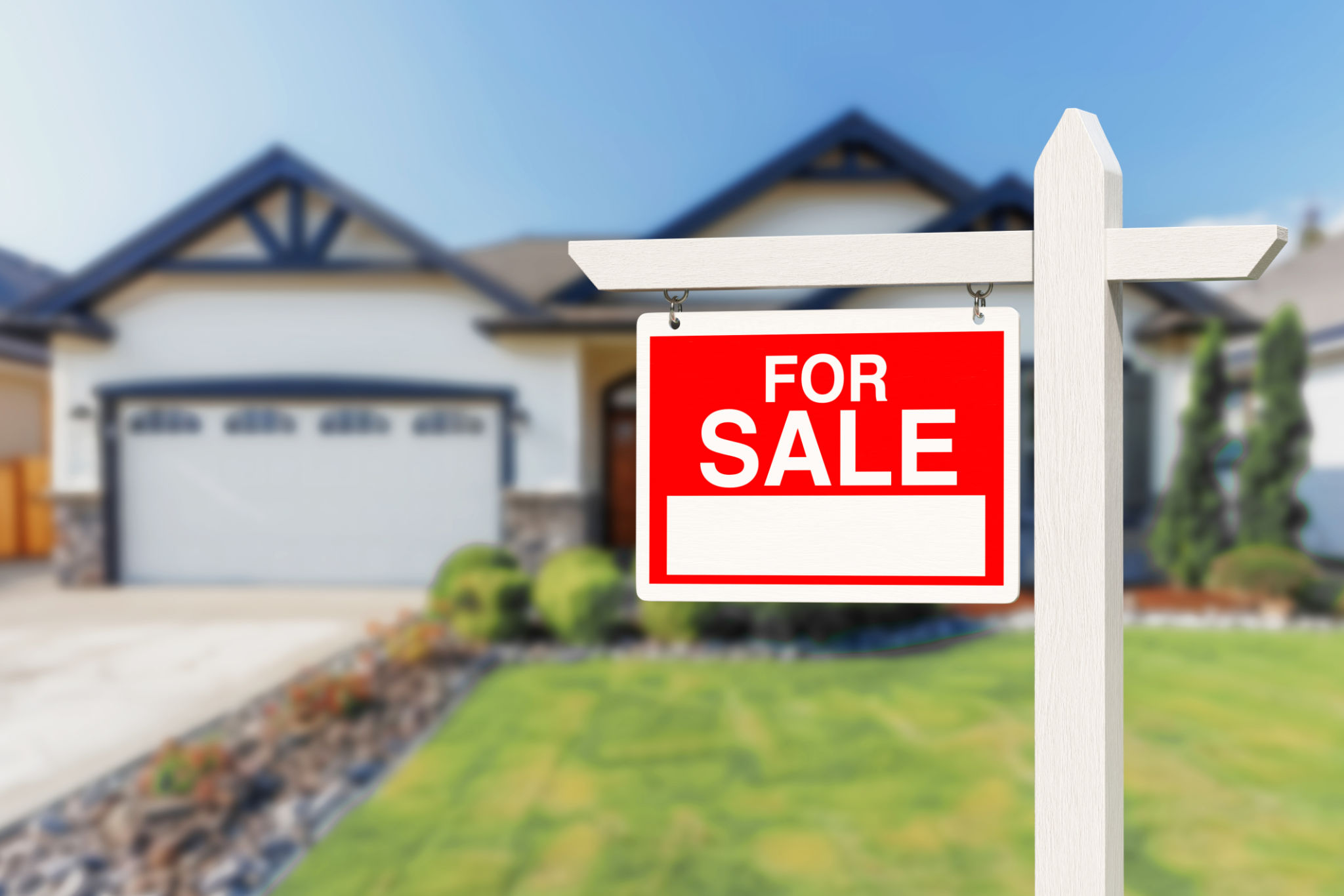 Real Estate Wooden For Sale Sign is Displayed in Front of a House. 3d Rendering Real Estate Wooden For Sale Sign is Displayed in Front of a House. 3d Rendering