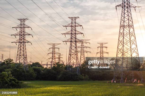 high voltage tower with sunset - hoogspanningstransformator stockfoto's en -beelden