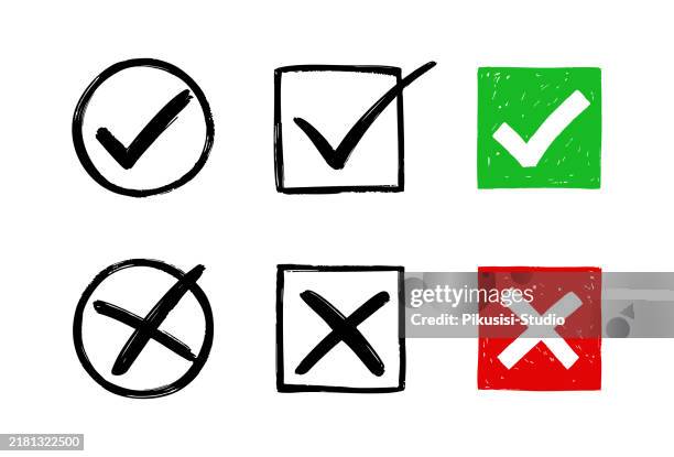 stockillustraties, clipart, cartoons en iconen met collection of hand drawn cross and check mark icon set. - checklist