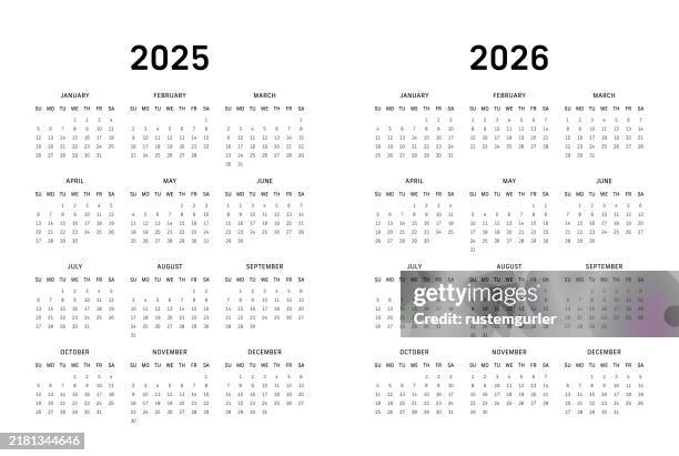 illustrazioni stock, clip art, cartoni animati e icone di tendenza di calendario di 12 mesi per il 2025-2026 inizio del lunedì - sfondo bianco - lunedì