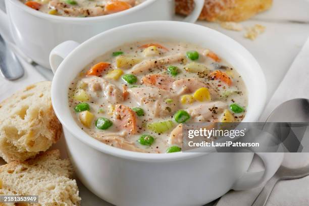 creamy leftover roast turkey pot pie soup - green pea soup stock pictures, royalty-free photos & images