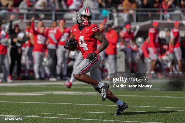 Wide receiver Jeremiah Smith of the Ohio State Buckeyes seen in action during the game against the Nebraska Cornhuskers at Ohio Stadium on October...