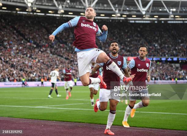 Jarrod Bowen of West Ham United celebrates scoring his team's second goal from a penalty kick during the Premier League match between West Ham United...