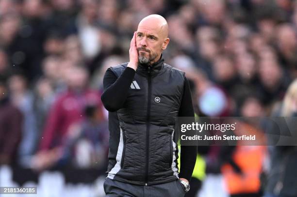 Erik ten Hag, Manager of Manchester United, reacts as he looks on during the Premier League match between West Ham United FC and Manchester United FC...