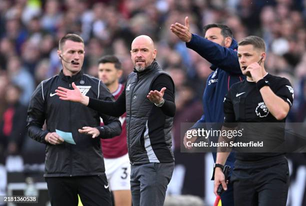 Erik ten Hag, Manager of Manchester United, reacts after a penalty is awarded to West Ham United following a VAR Review of an incident between Danny...