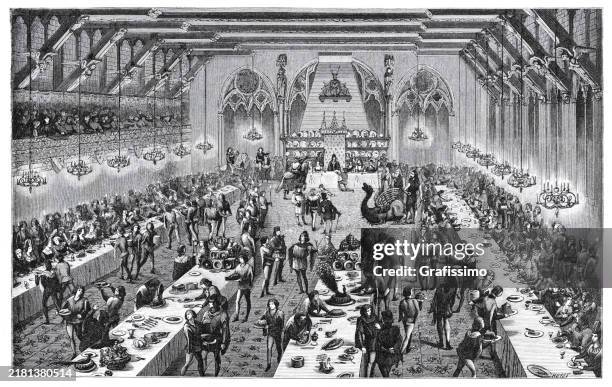 grand ceremonial banquet at the french court in the 14th century - head of state stock illustrations