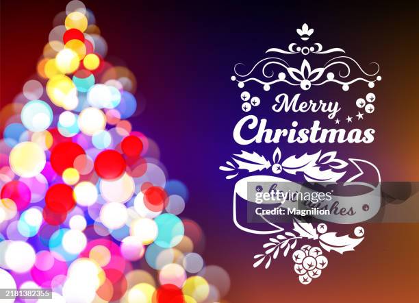 festive merry christmas greeting with bokeh tree lights and best wishes banner, vector illustration - rainbow glitter background stock illustrations