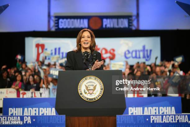 Democratic presidential nominee, U.S. Vice President Kamala Harris speaks during a campaign rally at The Alan Horwitz "Sixth Man" Center on October...