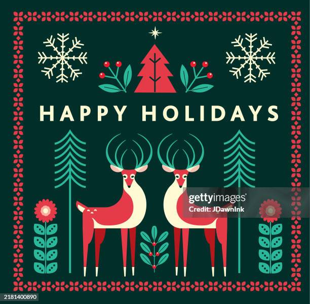 frohe feiertage gruß designvorlage mit festlichen zweigen und dekorativem rotem hirsch - geweih stock-grafiken, -clipart, -cartoons und -symbole