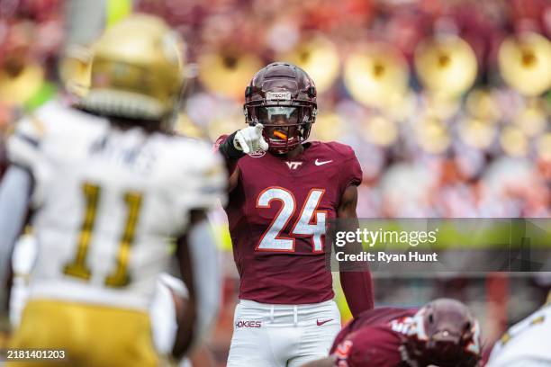Jaden Keller of the Virginia Tech Hokies in the first half during a game against the Georgia Tech Yellow Jackets at Lane Stadium on October 26, 2024...