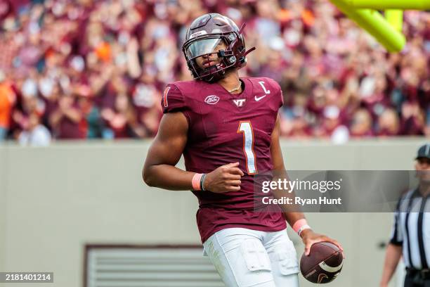 Kyron Drones of the Virginia Tech Hokies after a touchdown during the second half of the game against the Georgia Tech Yellow Jackets at Lane Stadium...
