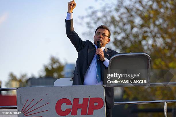 Istanbul's Mayor Ekrem Imamoglu delivers a speech during a demonstration following the arrest of the Mayor of Esenyurt, at the Esenyurt Square in...