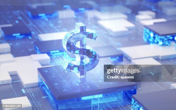 big data digital: símbolo del dólar brillante entre los datos - tecnología de finanzas fotografías e imágenes de stock