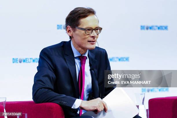 Editor-in-chief of Swiss weekly journal 'Die Weltwoche' Roger Koeppel addresses guests during a panel discussion on the topic 'Peace in Europe',...
