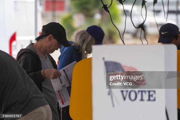 Voters cast their ballots during the early voting process at a polling station ahead of the upcoming 2024 U.S. Presidential election on October 27,...