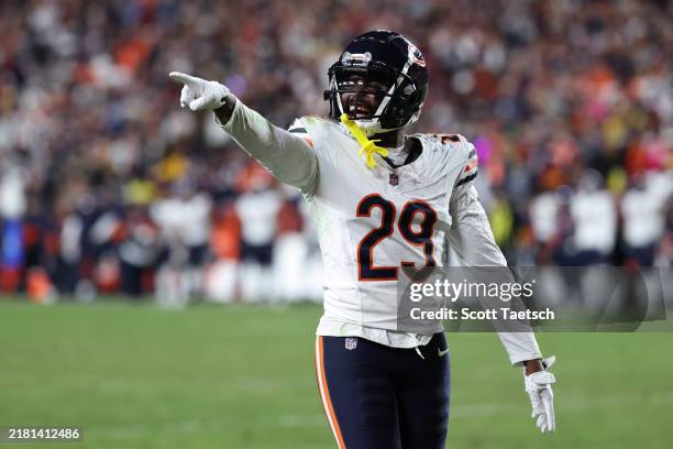 Tyrique Stevenson of the Chicago Bears reacts during the fourth quarter against the Washington Commanders at Northwest Stadium on October 27, 2024 in...