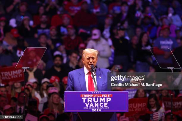 Republican presidential nominee, former U.S. President Donald Trump speaks at a campaign rally at Madison Square Garden on October 27, 2024 in New...