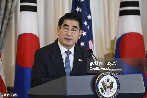 Republic of Korea Minister of Defense Kim Yong-hyun speaks during a news conference with Republic of Korea Minister of Foreign Affairs Cho Tae-yul,...