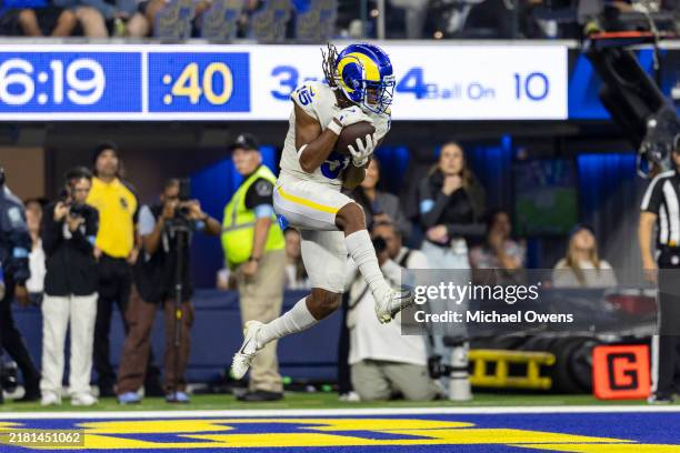 Demarcus Robinson of the Los Angeles completes a catch for a touchdown during an NFL Football game against the Minnesota Vikings at SoFi Stadium on...
