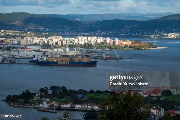 Panoramic view of the estuary, port, city and Navantia shipyard. In the foreground the town of Mugardos. ,seen on October 13 Ferrol, Galicia, Spain.