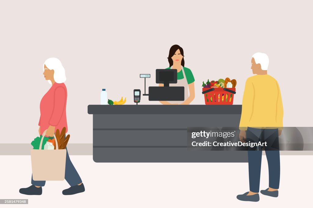 Female Cashier Working At Checkout In Supermarket And Senior Male Customer Buying Groceries. Side View Of Elderly Woman Carrying Shopping Bag With Fresh Food