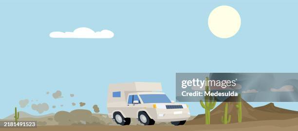 vector illustration of a pick-up on a dusty dirt road in the desert. - desert road side stock illustrations