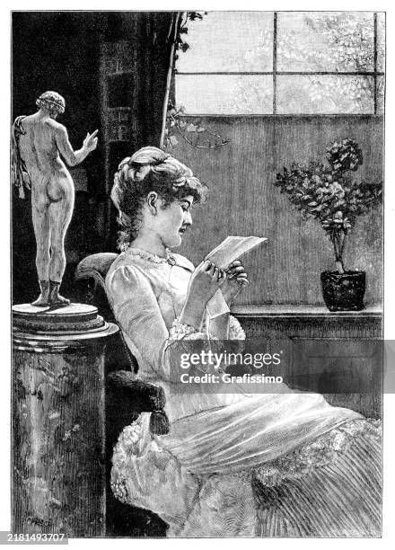 ilustraciones, imágenes clip art, dibujos animados e iconos de stock de mujer joven leyendo carta de amor art nouveau 1888 - carta de amor
