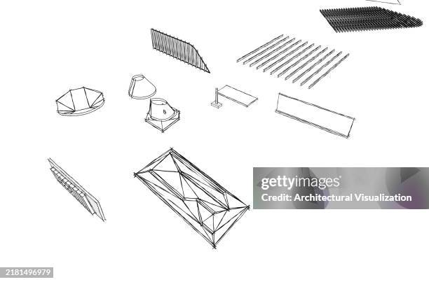 3d model of architecture structure elements and louvered facades - architect building model stock illustrations