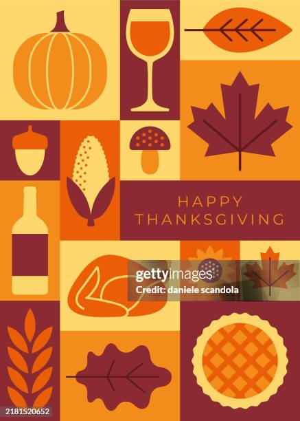 illustrations, cliparts, dessins animés et icônes de modèle de conception de salutation de joyeux thanksgiving. style mosaïque géométrique. - repas entre amis