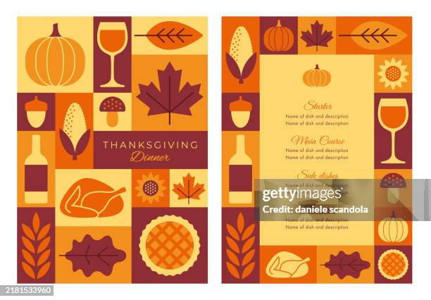 thanksgiving dinner invitation template. geometric mosaic style. - restaurant menu template stock illustrations