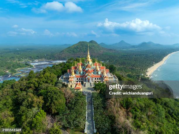 aerial view of the wat tang sai. beautiful temple on the top of thongchai mountain, prachuap khirikhan, thailand. - prachuap khiri khan province stock pictures, royalty-free photos & images