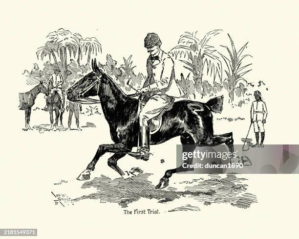 man trying out a horse for a game of polo in india, history sport, 1890s 19th century victorian - horseback riding stock illustrations