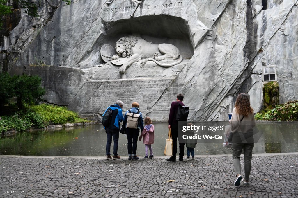The Lion Monument (1820-21) by Bertel Thorvaldsen in a small park near Löwenplatz in Lucerne, Switzerland.