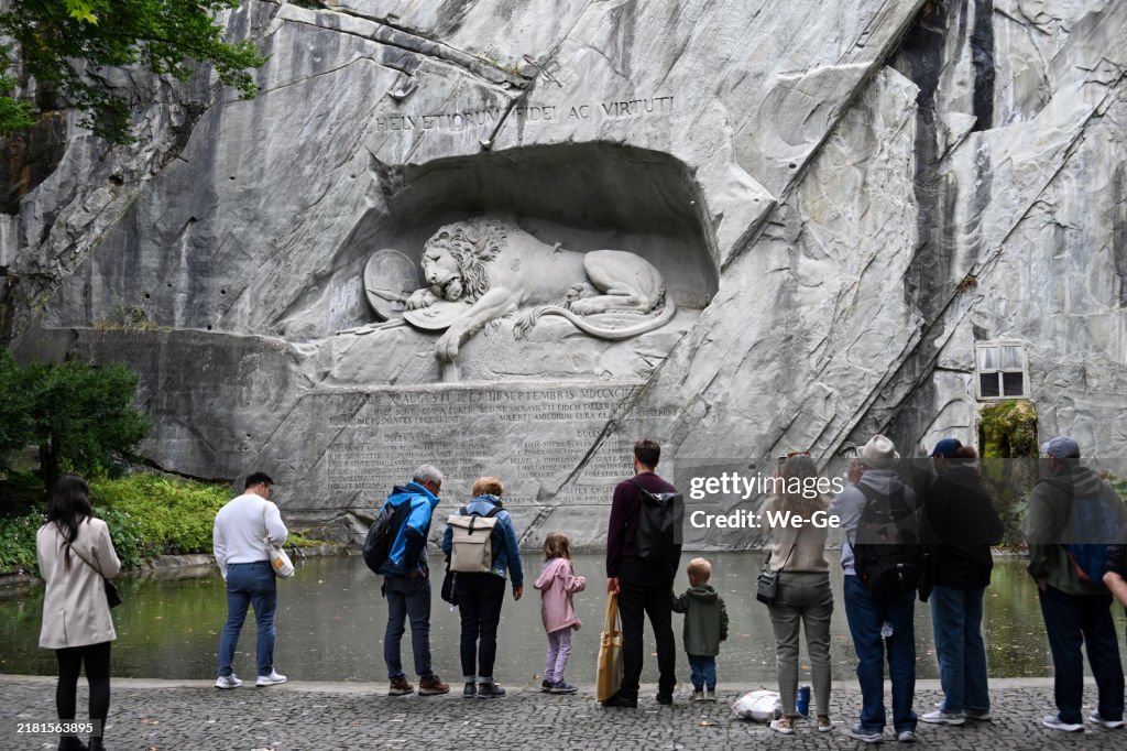 The Lion Monument (1820-21) by Bertel Thorvaldsen in a small park near Löwenplatz in Lucerne, Switzerland.