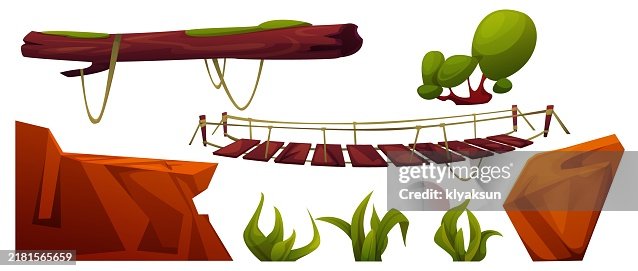 Log And Rope Wooden Log And Rope Bridge For Cliff Cross Walkway High-Res Vector ...