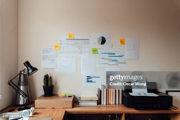 a corner of a modern home office - wall of sticky notes stock pictures, royalty-free photos & images