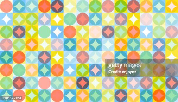 seamless multicolored retro bauhaus abstract stars pattern - mosaic stock illustrations