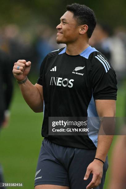 New Zealand's wing Caleb Clarke takes part in the New Zealand captain's run at The Lensbury Hotel, in London, on November 1 on the eve of their...
