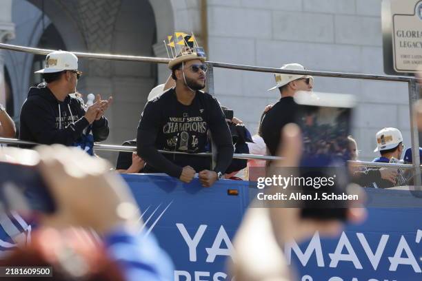 Los Angeles, CA Dodgers players and fans celebrate their World Series Championship win as they kick off a parade at Gloria Molina Grand Park on...