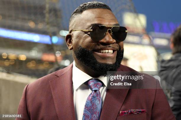 Former MLB player David Ortiz looks on prior to the New York Yankees playing the Los Angeles Dodgers in Game Three of the 2024 World Series at Yankee...