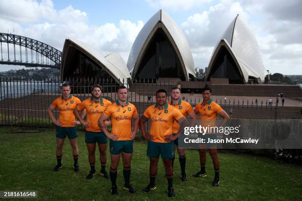 Max Jorgensen, Fraser McReight, Dylan Pietsch, Allan Alaalatoa, Angus Bell and Joseph-Aukuso Suaalii pose during the Wallabies jersey launch for the...